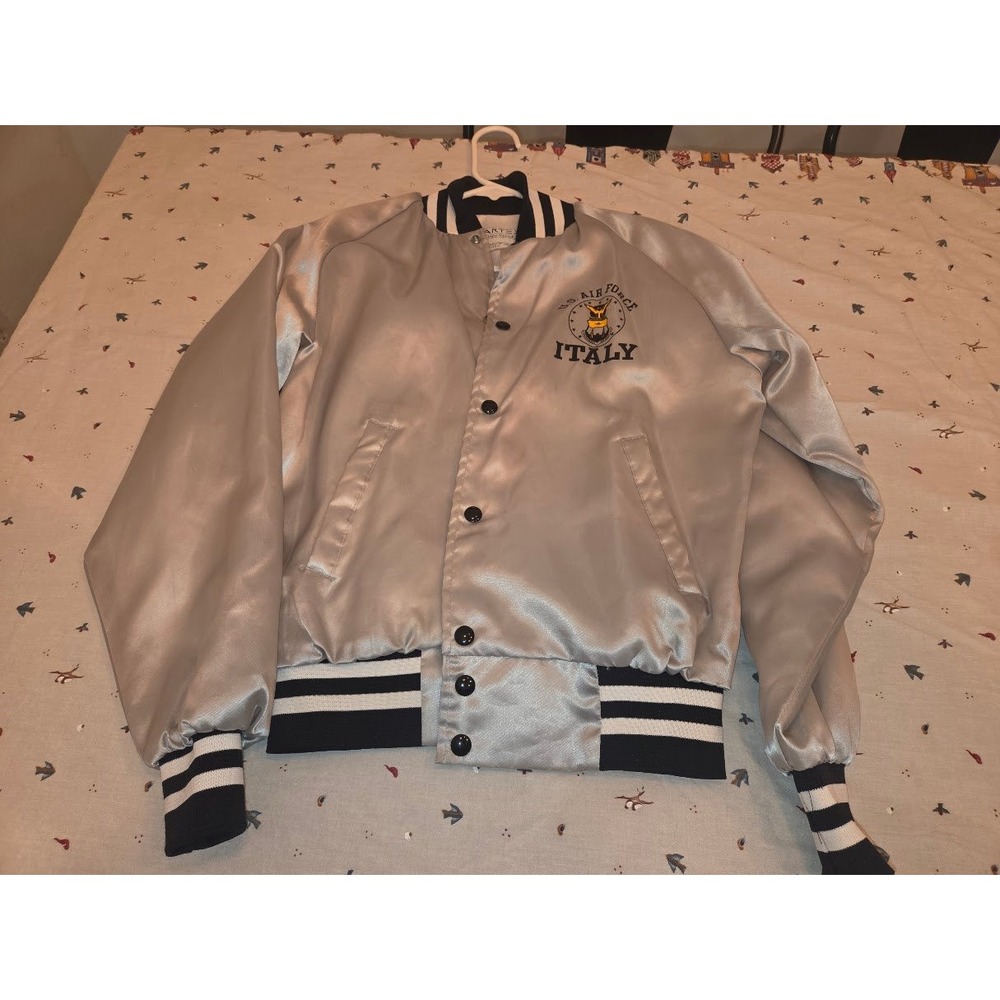 Vintage Artex US Air Force Italy Satin Bomber Jacket Silver Mens Small USA Made